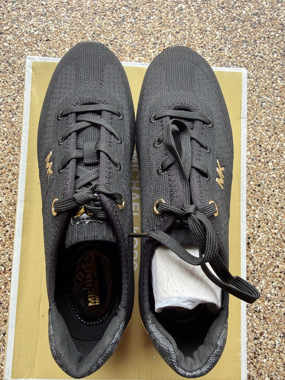 Michael Kors Black Knit Platform Trainer Sneakers with Gold Accents - Picture 5 of 6